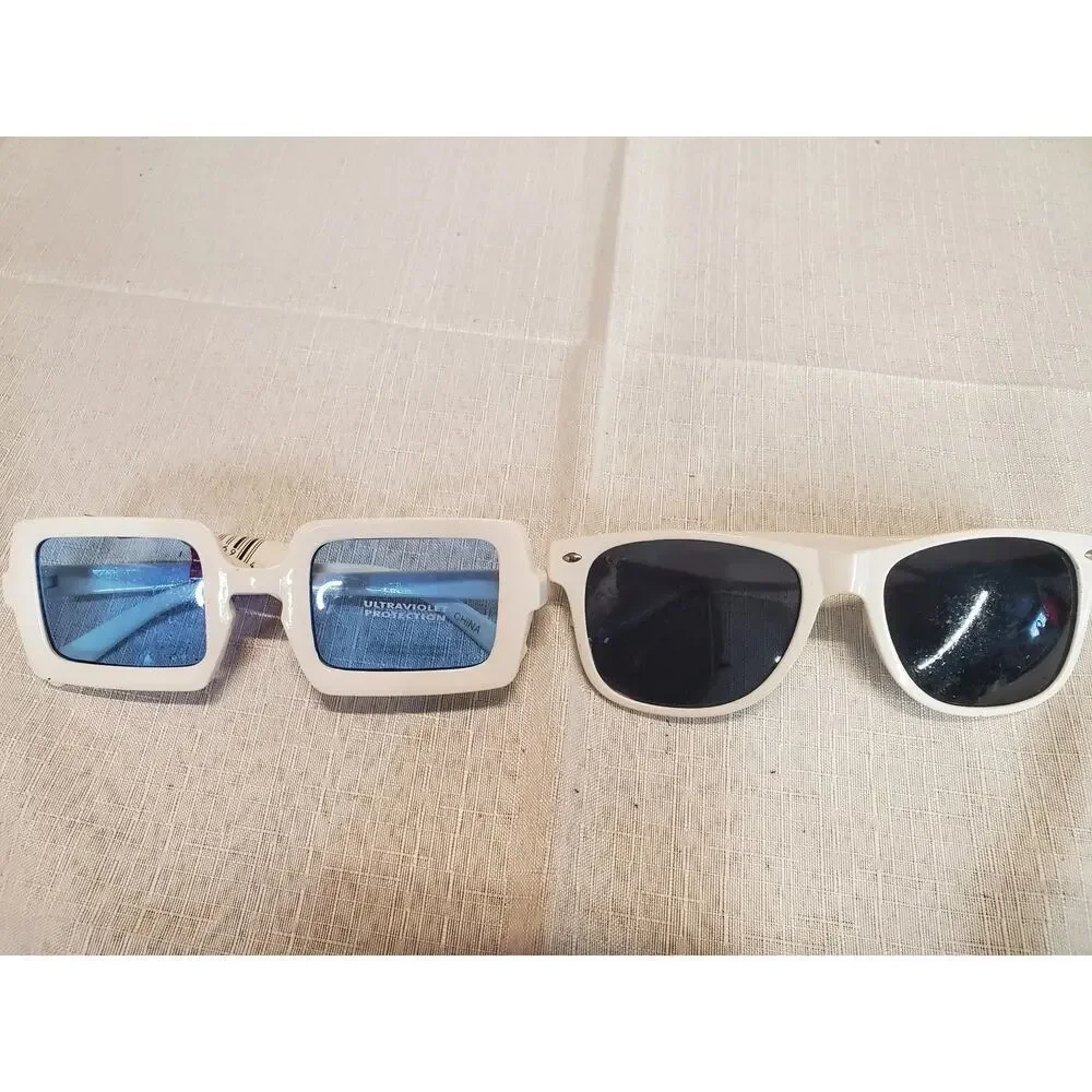 Lot of 2 Unisex Sunglasses White Retro Rectangle Blue Black Lens UV